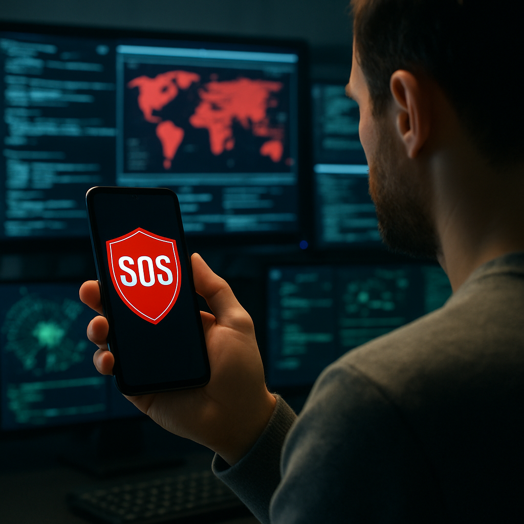 Man using a mobile phone with an app showing a red shield with white letters showing SOS and a background showing complex computer screens indicative-1